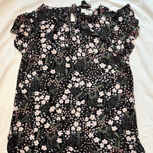 LOFT Black Floral Short-Sleeve Blouse, XS